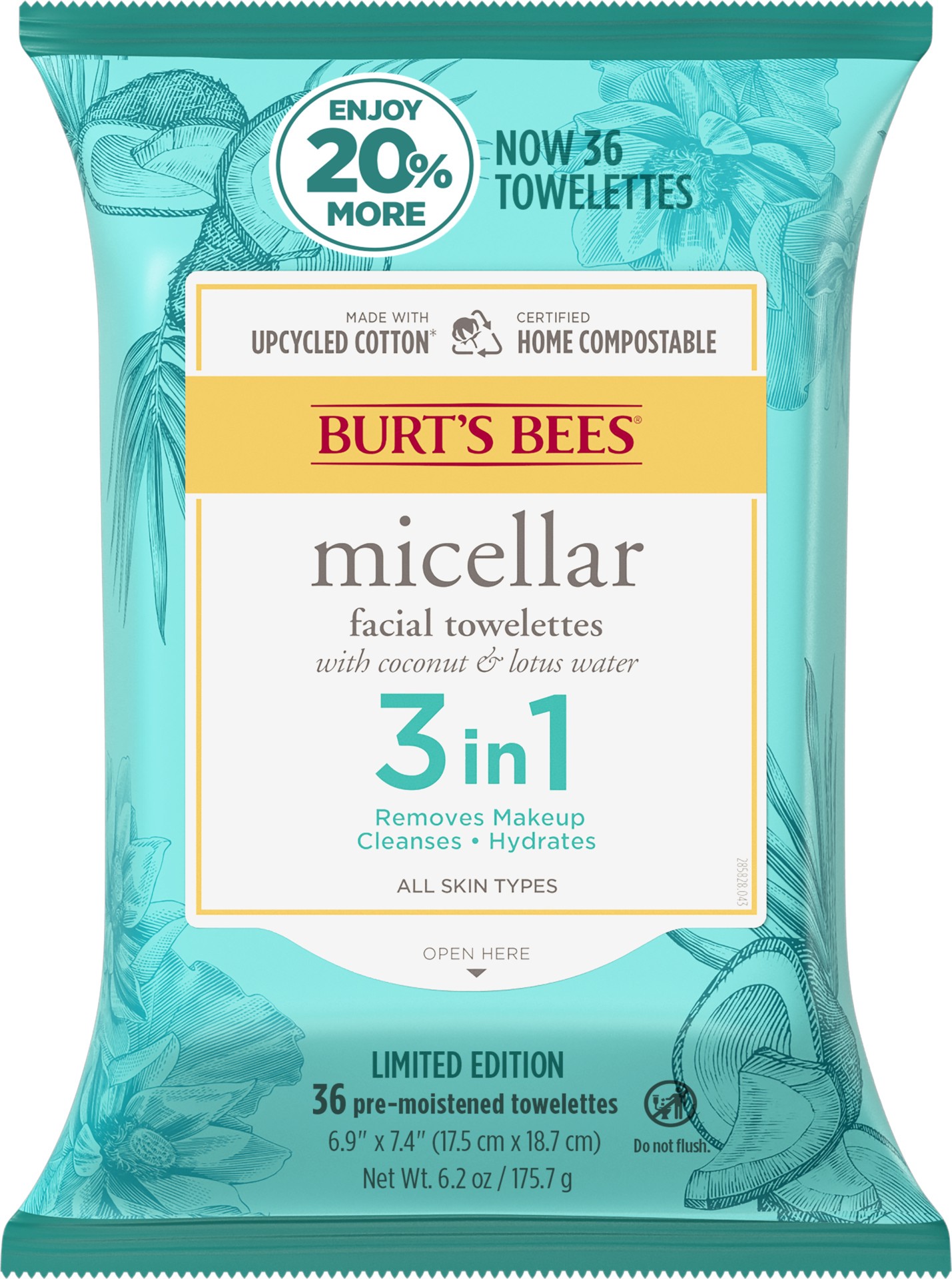 slide 1 of 5, Burt's Bees Micellar Facial Towelettes With Coconut and Lotus, 99.5 Percent Natural Origin, 36 ct. Package, 36 ct