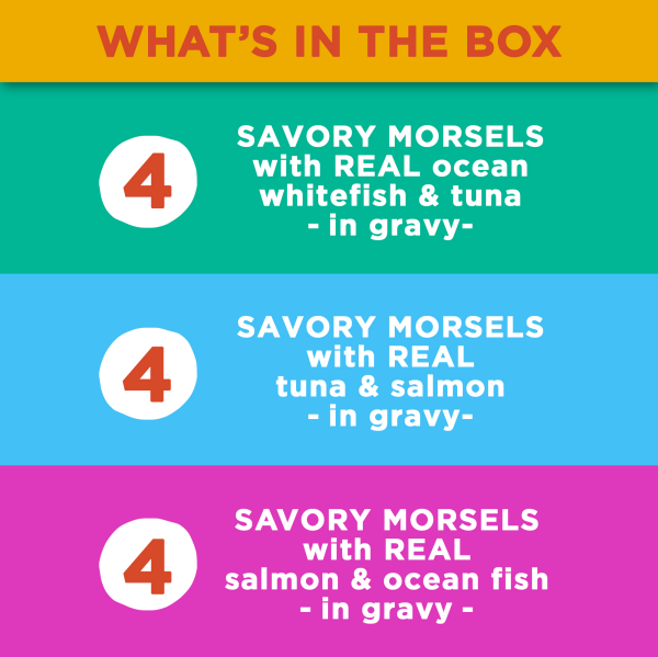 slide 3 of 11, Meow Mix Savory Morsels Seafood Favorites Variety Pack, 2.75-Ounce Cans, Pack of 12, 33 oz