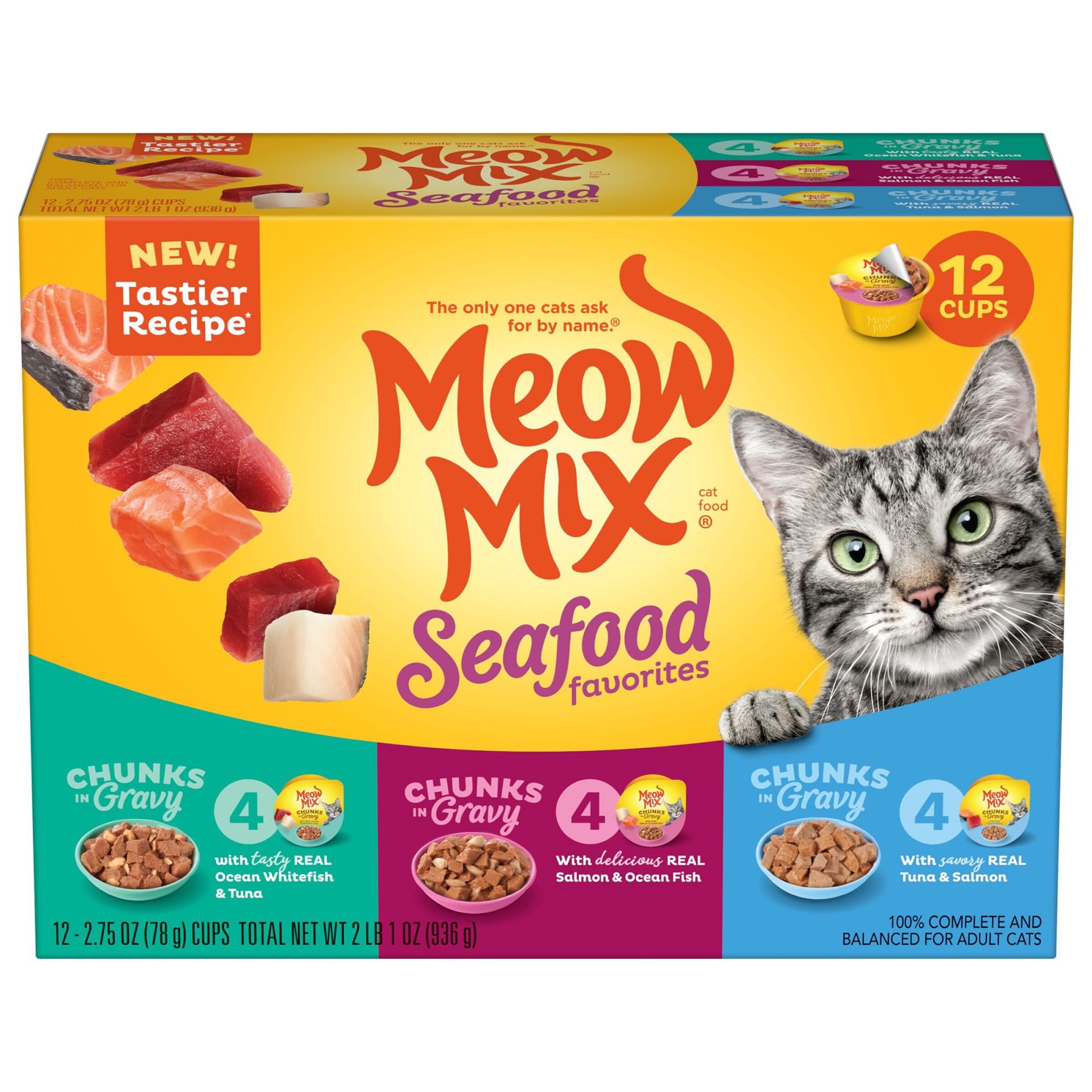 slide 1 of 11, Meow Mix Savory Morsels Seafood Favorites Variety Pack, 2.75-Ounce Cans, Pack of 12, 33 oz