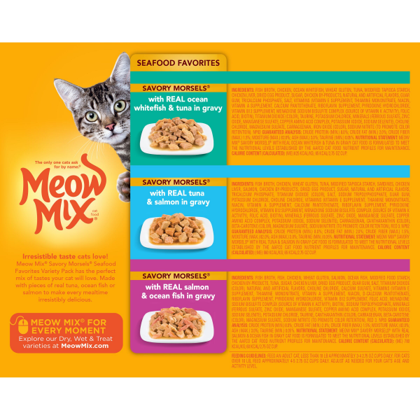 slide 4 of 11, Meow Mix Savory Morsels Seafood Favorites Variety Pack, 2.75-Ounce Cans, Pack of 12, 33 oz