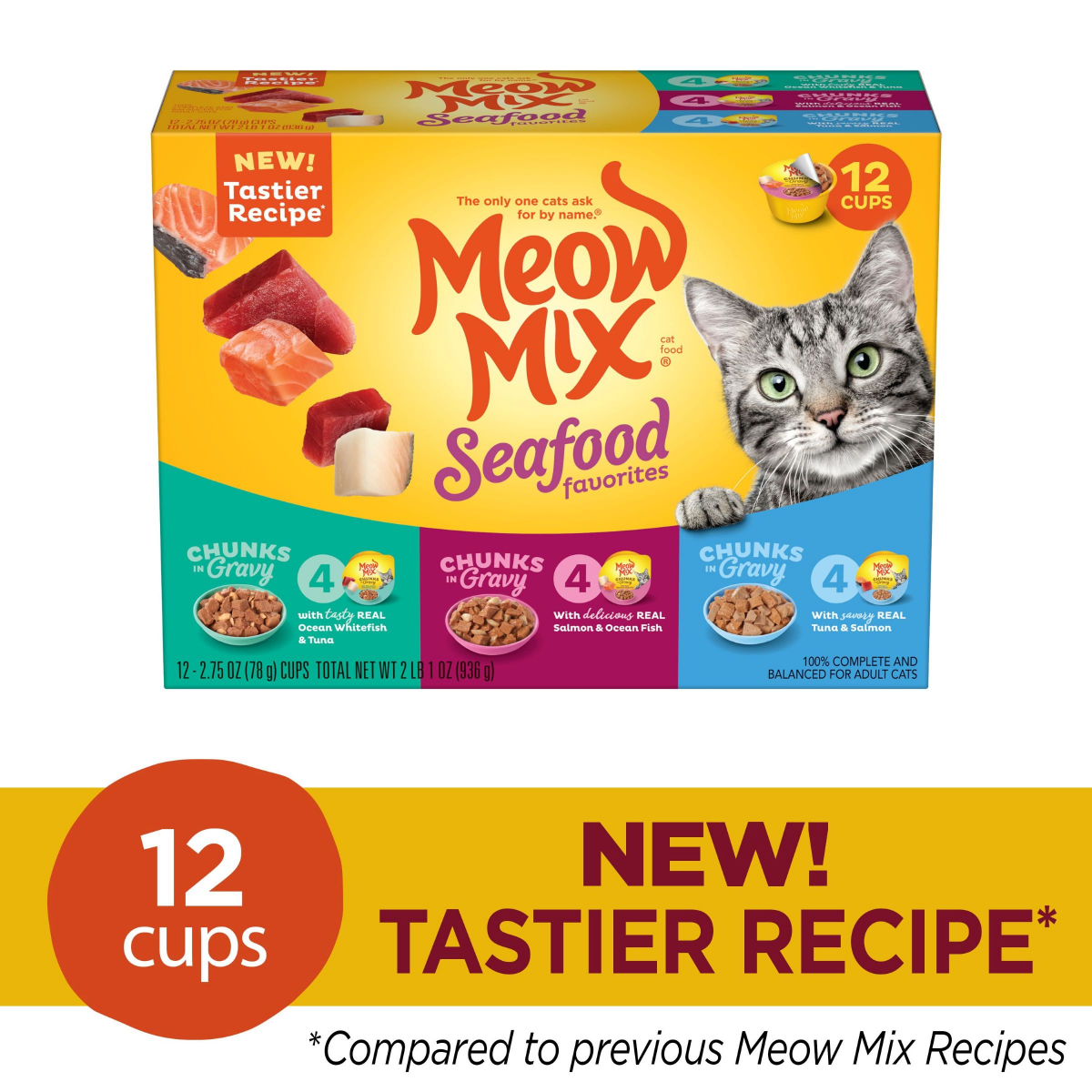 slide 1 of 11, Meow Mix Savory Morsels Seafood Favorites Variety Pack, 2.75-Ounce Cans, Pack of 12, 33 oz