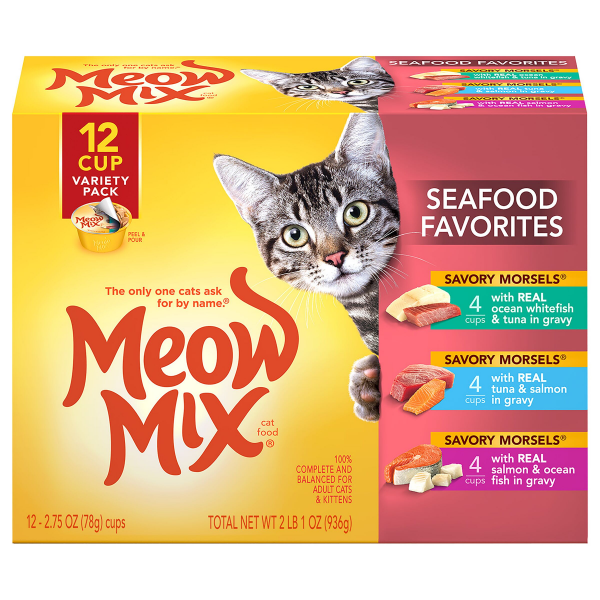 slide 7 of 11, Meow Mix Savory Morsels Seafood Favorites Variety Pack, 2.75-Ounce Cans, Pack of 12, 33 oz