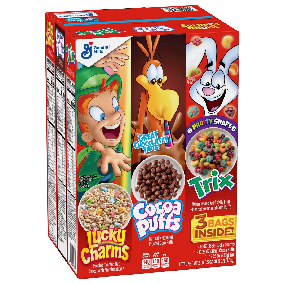slide 2 of 9, General Mills Lucky Charms, Trix and Cocoa Puffs Triple Pack Cereal, 38.5 oz