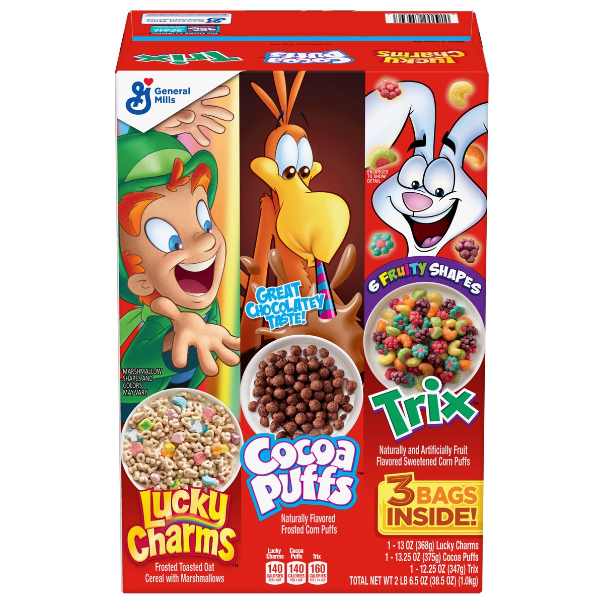 slide 1 of 9, General Mills Lucky Charms, Trix and Cocoa Puffs Triple Pack Cereal, 38.5 oz