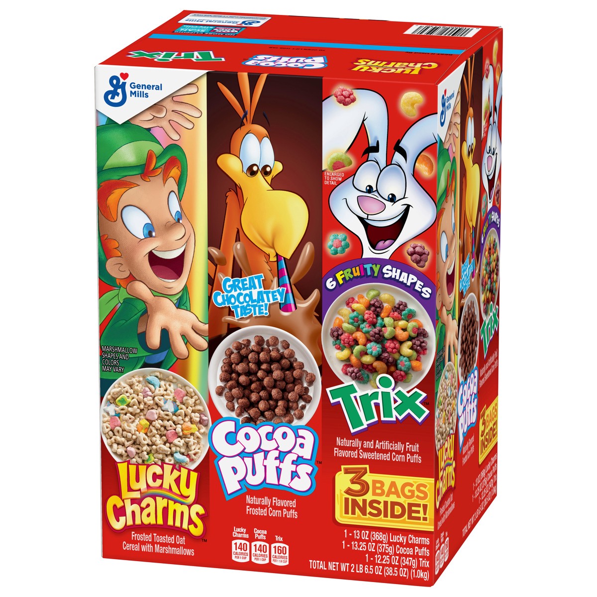 slide 3 of 9, General Mills Lucky Charms, Trix and Cocoa Puffs Triple Pack Cereal, 38.5 oz