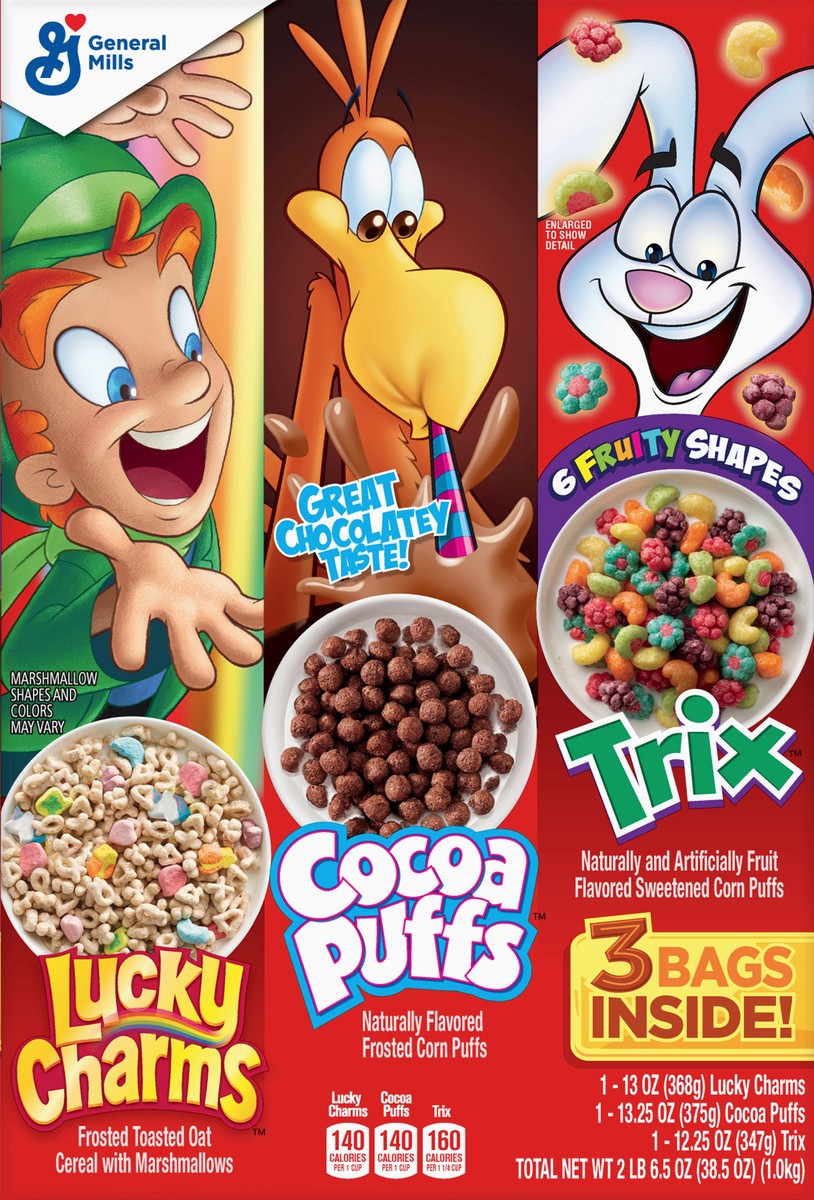 slide 5 of 9, General Mills Lucky Charms, Trix and Cocoa Puffs Triple Pack Cereal, 38.5 oz