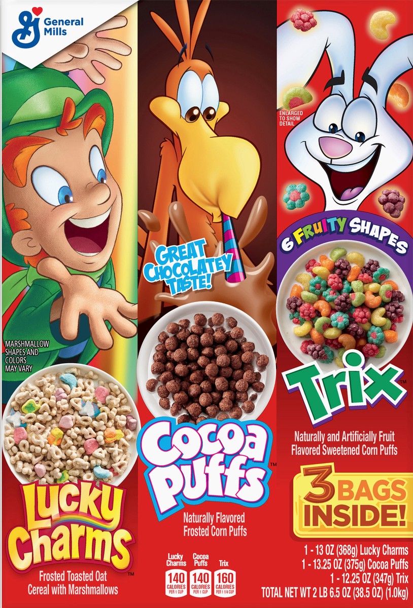 slide 6 of 9, General Mills Lucky Charms, Trix and Cocoa Puffs Triple Pack Cereal, 38.5 oz