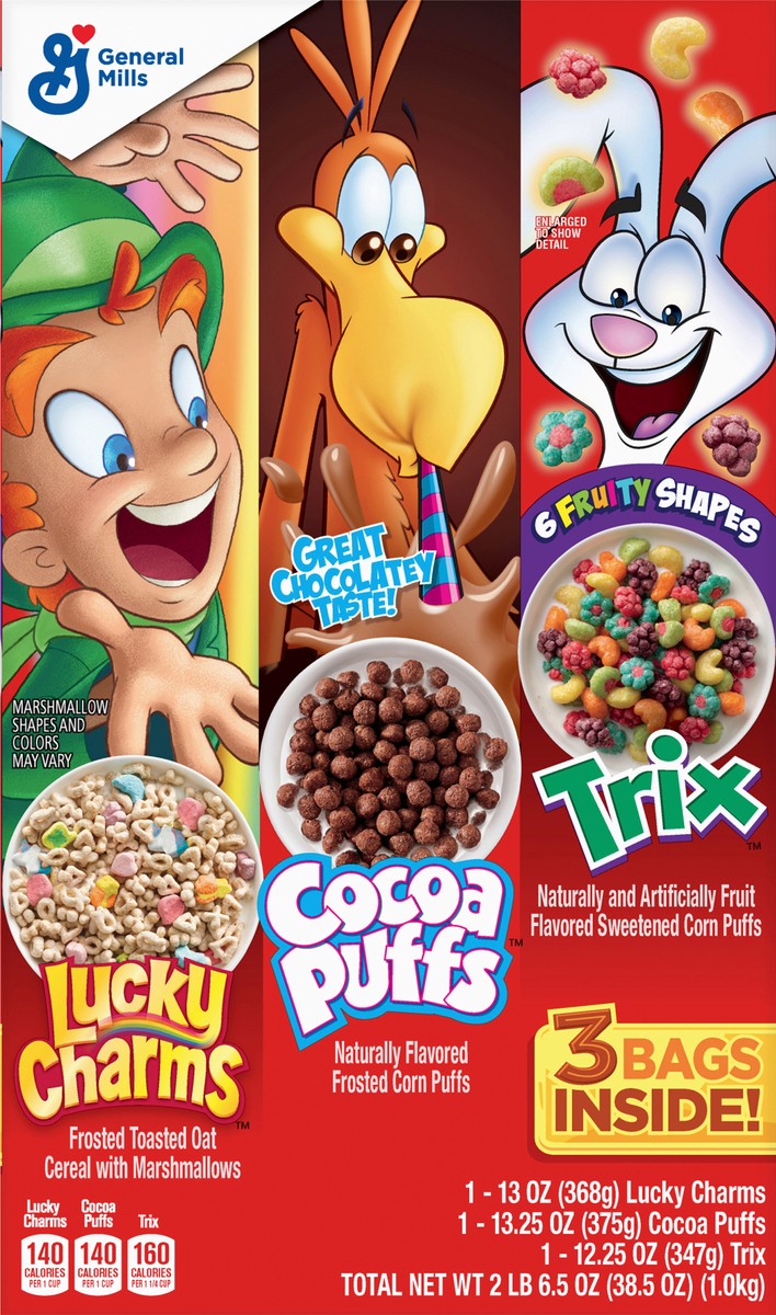 slide 8 of 9, General Mills Lucky Charms, Trix and Cocoa Puffs Triple Pack Cereal, 38.5 oz