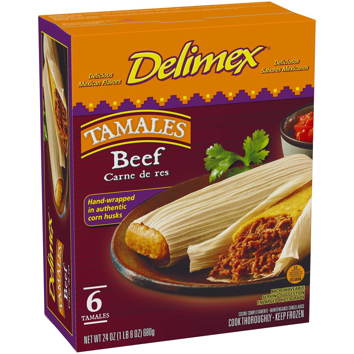 slide 3 of 8, Delimex Beef Tamales Frozen Snacks, 6 ct Box, 6 ct