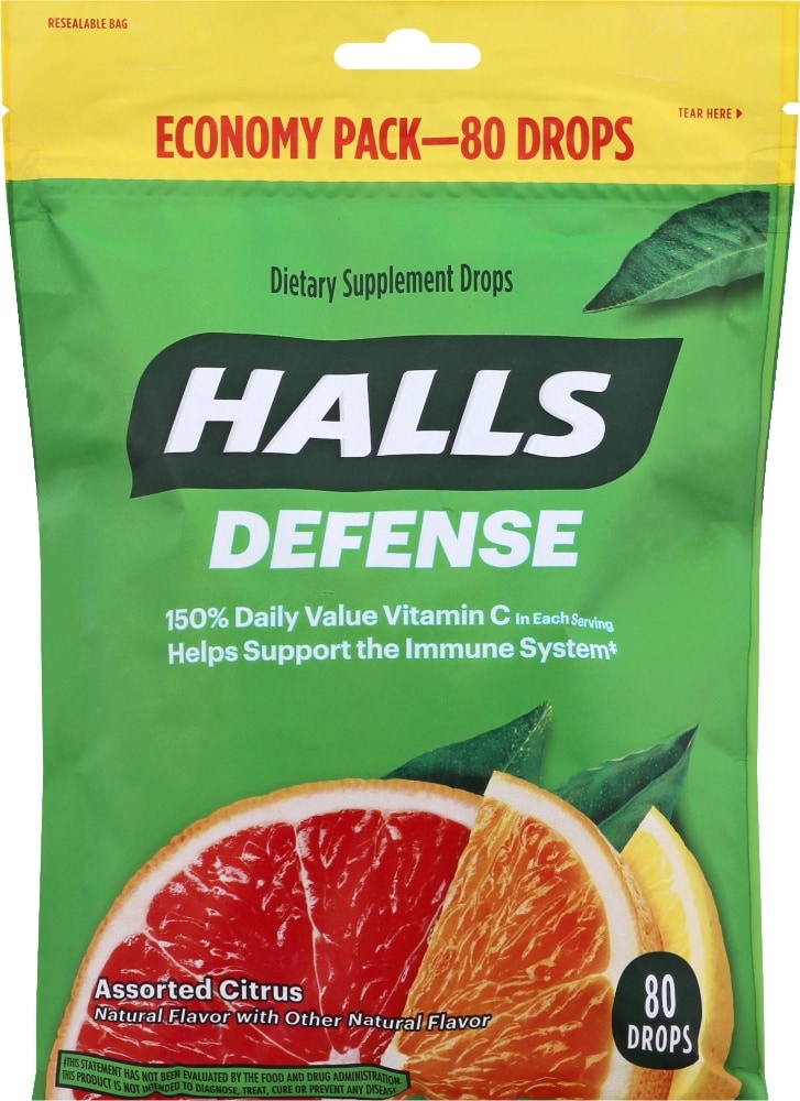 slide 1 of 1, Halls Defense Assorted Citrus Flavored Vitamin C Dietary Supplement Drops, 80 ct