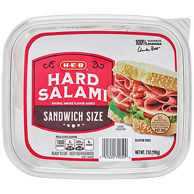 slide 1 of 1, H-E-B Hard Salami Sliced, 7 oz