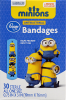 slide 1 of 1, Kroger Minions Antibacterial Bandages 3/4 In X 3 In One Size, 30 ct