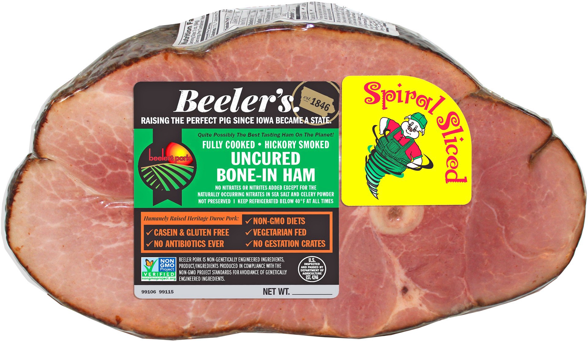 slide 1 of 1, Beeler's Uncured Non-GMO Natural Bone-In Spiral Sliced Hickory Ham, 7-9 lbs, per lb