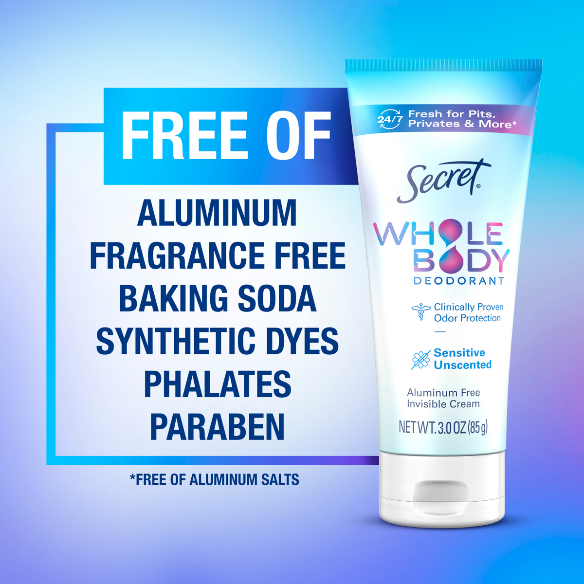 slide 26 of 29, Secret Aluminum Free Invisible Cream Whole Body Sensitive Unscented Deodorant 3.0 oz, 3 oz