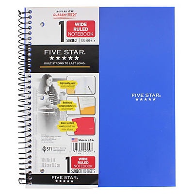 slide 1 of 1, Five Star Blue 1 Subject Wide Ruled Spiral Notebook, 100 ct