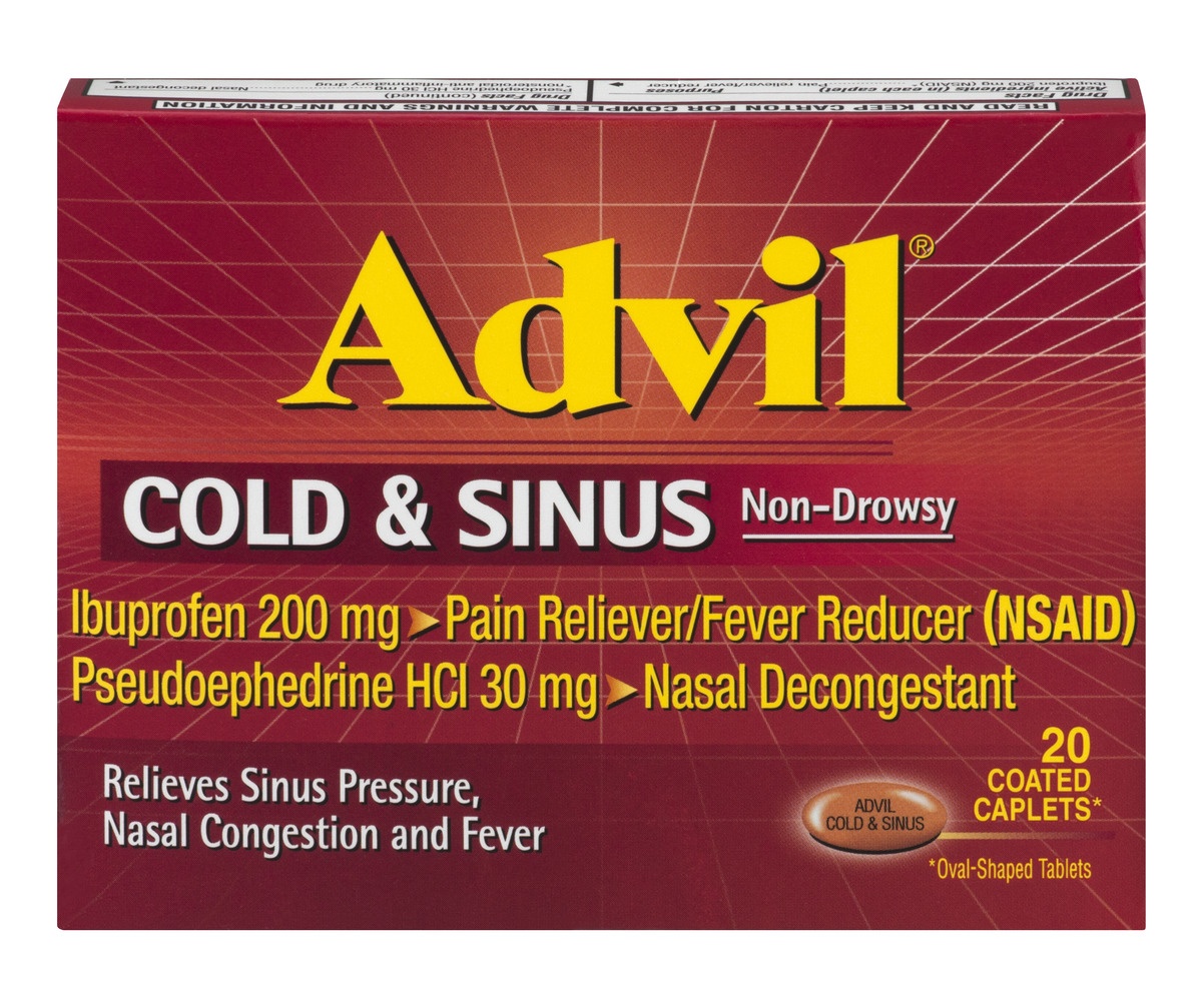 slide 1 of 7, Advil Coated Caplets Non-Drowsy Cold & Sinus 20 ea, 20 ct