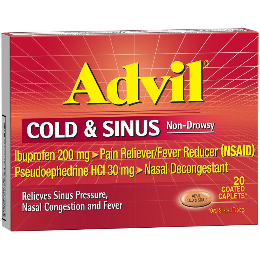 slide 3 of 7, Advil Cold & Sinus Non-Drowsy Pain Reliever/Fever Reducer & Decongestant Coated Caplets, 20 ct