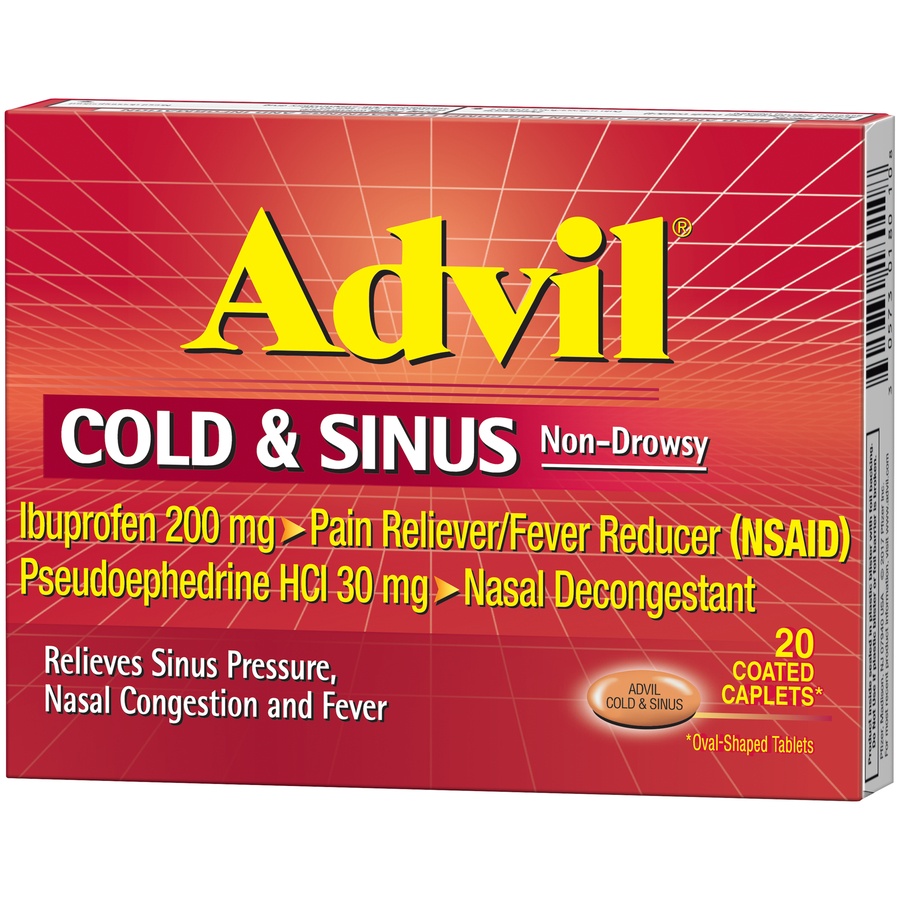 slide 4 of 7, Advil Cold & Sinus Non-Drowsy Pain Reliever/Fever Reducer & Decongestant Coated Caplets, 20 ct