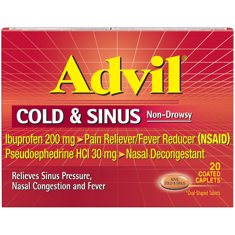 slide 1 of 7, Advil Cold & Sinus Non-Drowsy Pain Reliever/Fever Reducer & Decongestant Coated Caplets, 20 ct