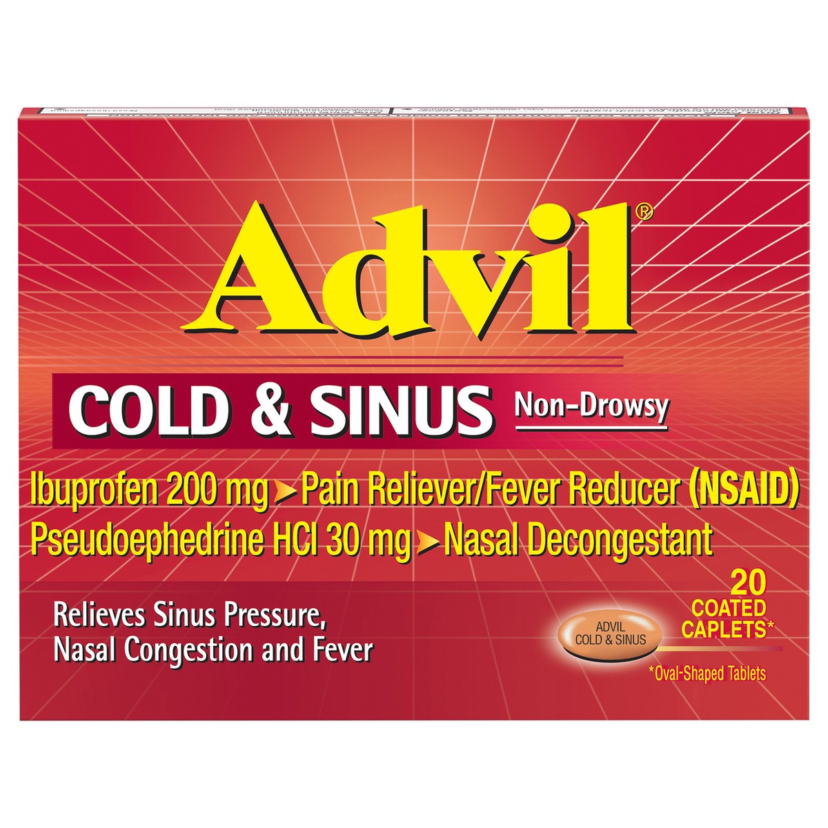 slide 1 of 13, Advil Cold and Sinus Relief, Cold Medicine with Ibuprofen and Pseudoephedrine HCl - 20 Caplets, 20 ct
