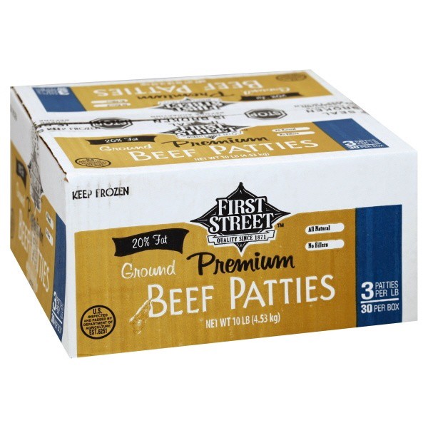 slide 1 of 1, First Street Gold Beef Patties 3/1 80% Lean, 10 lb
