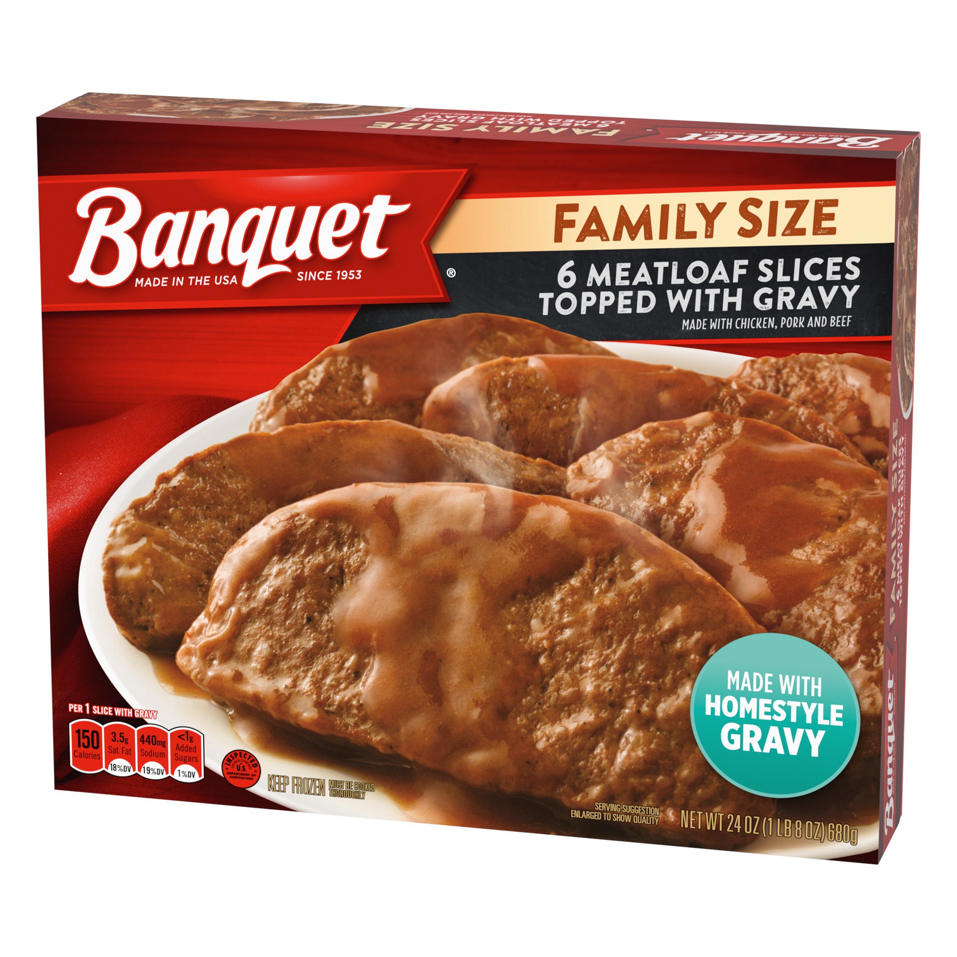 slide 4 of 5, Banquet Family Size Meatloaf Slices Topped with Gravy, Frozen Meal, 24 OZ, 6 ct