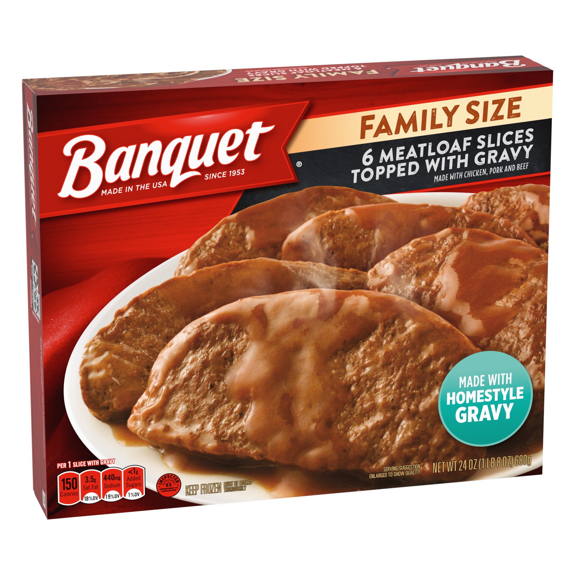 slide 3 of 5, Banquet Family Size Meatloaf Slices Topped with Gravy, Frozen Meal, 24 OZ, 6 ct