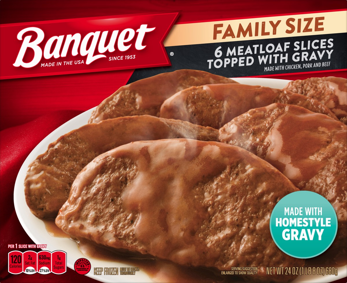 slide 1 of 5, Banquet Family Size Meatloaf Slices Topped with Gravy, Frozen Meal, 24 OZ, 6 ct