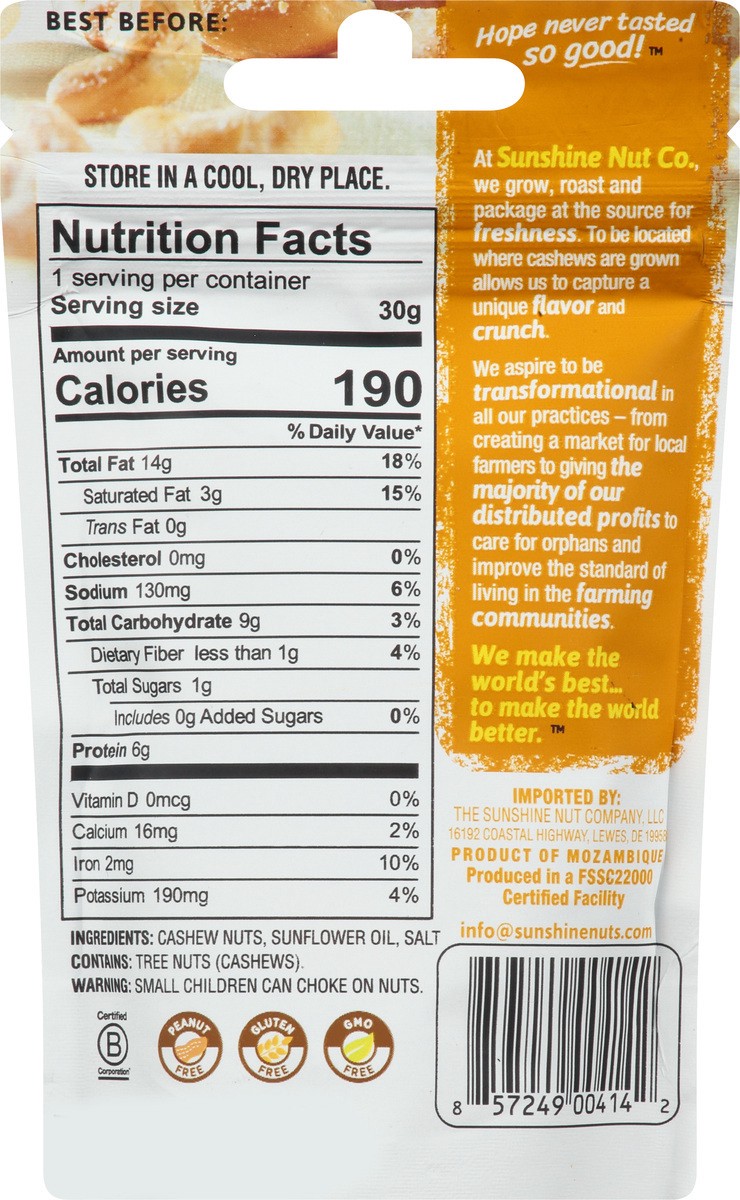 slide 11 of 11, Sunshine Nut Co. Whole Roasted Premium Sprinkling of Salt Cashews 1.05 oz, 1.05 oz