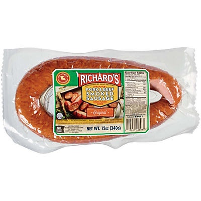 slide 1 of 1, Richard's Smoked Pork & Beef Sausage, 12 oz