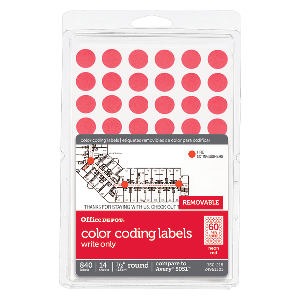 slide 1 of 2, Office Depot Brand Removable Round Color-Coding Labels, Od98801, 1/2'' Diameter, Red Glow, Pack Of 840, 840 ct