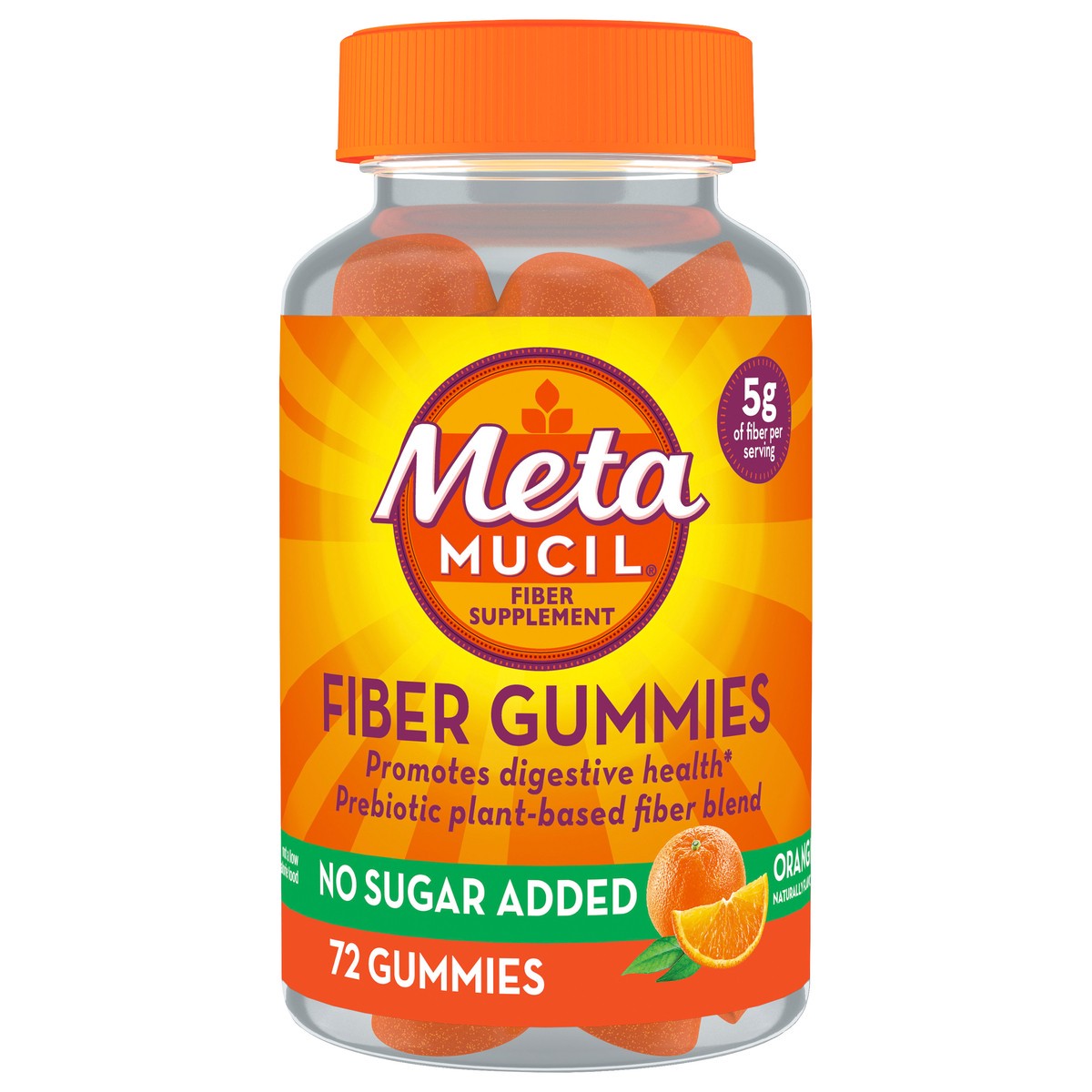 slide 1 of 29, Metamucil Fiber Gummies for Adults, No Sugar Added Orange Flavor, 5g Plant Based Prebiotic Fiber Supplement Blend, 72 Count, 72 ct