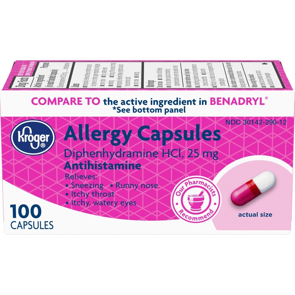 slide 1 of 1, Kroger Allergy Antihistamine Capsules 25Mg, 100 ct