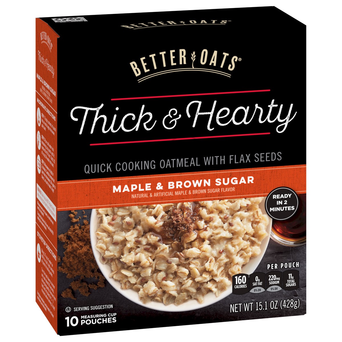 slide 9 of 9, Better Oats Thick and Hearty Maple and Brown Sugar Oatmeal with Flax Seeds,10 Instant Oatmeal Pouches, 15.1 OZ Pack, 15.1 oz