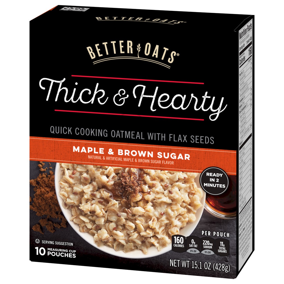 slide 8 of 9, Better Oats Thick and Hearty Maple and Brown Sugar Oatmeal with Flax Seeds,10 Instant Oatmeal Pouches, 15.1 OZ Pack, 15.1 oz