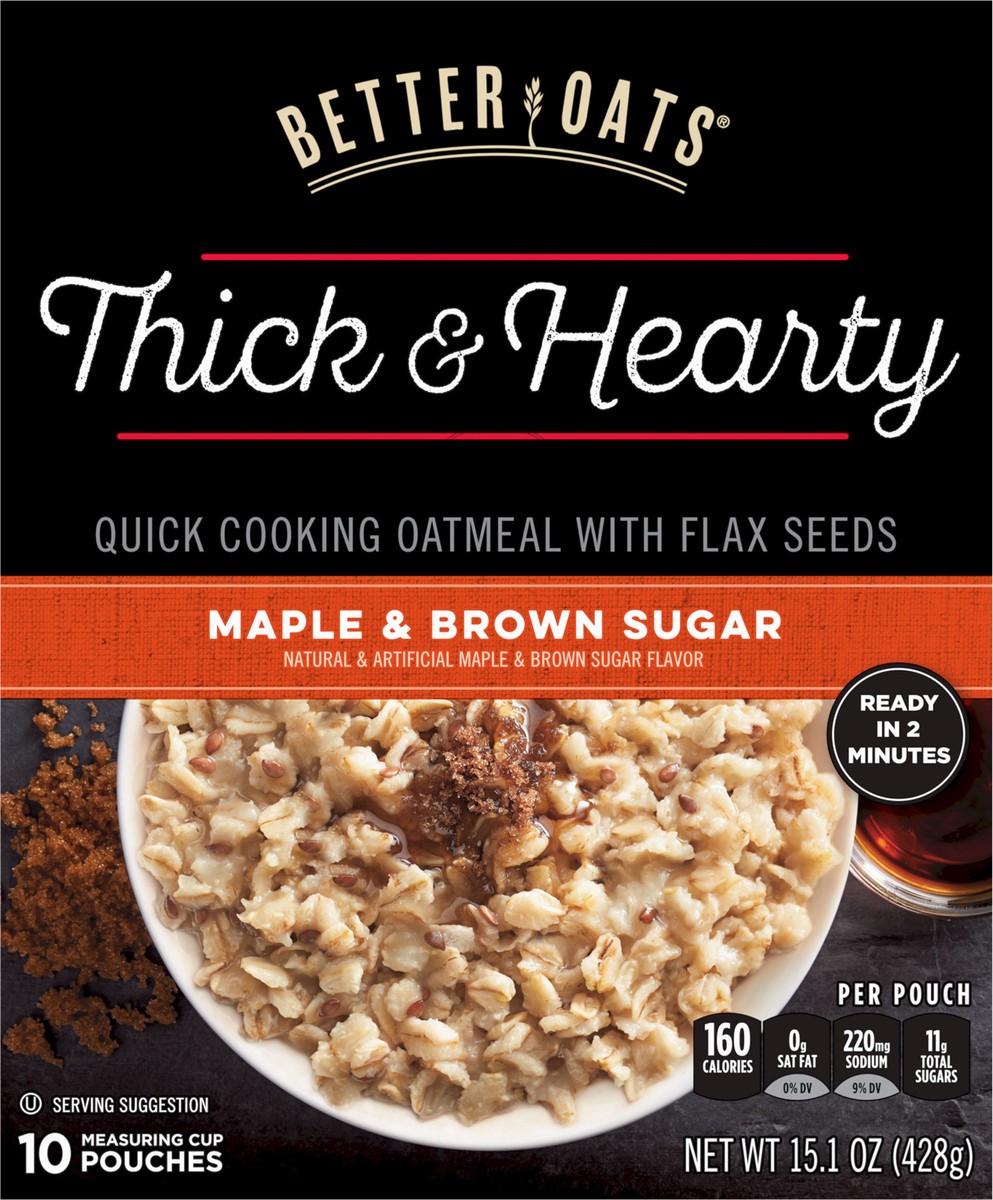 slide 6 of 9, Better Oats Thick and Hearty Maple and Brown Sugar Oatmeal with Flax Seeds,10 Instant Oatmeal Pouches, 15.1 OZ Pack, 15.1 oz