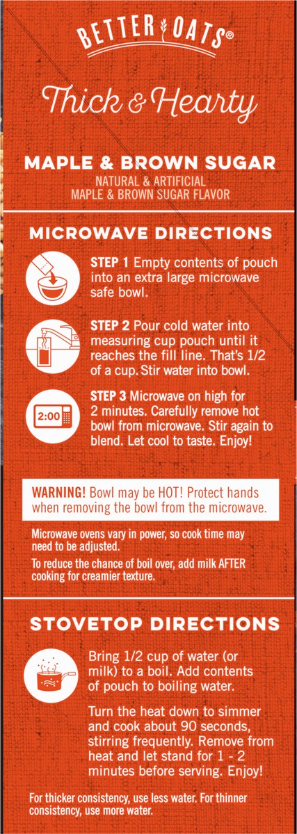 slide 3 of 9, Better Oats Thick and Hearty Maple and Brown Sugar Oatmeal with Flax Seeds,10 Instant Oatmeal Pouches, 15.1 OZ Pack, 15.1 oz