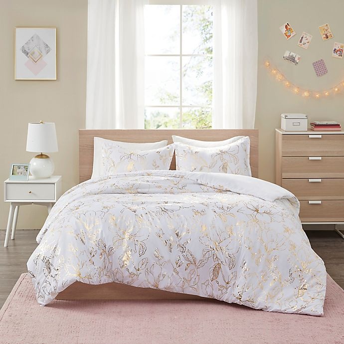 slide 1 of 12, Intelligent Design Magnolia Metallic Printed Floral Full/Queen Duvet Cover Set - Gold, 1 ct