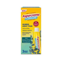 Aspercreme Essential Oils Lidocaine Pain Relief Cream, Max-Strength Lidocaine Numbs Away Nerve Pain, Moisturizing Aloe Hydrates Skin, Eucalyptus, 3 Oz.