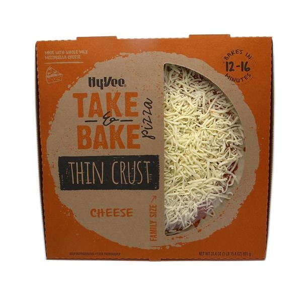 slide 1 of 1, Hy-Vee Take & Bake Thin Crust Cheese Family Size Pizza, 31.4 oz