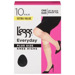 L'eggs Everyday Jet Black Knee Highs One Size Plus Size Extra Value 10 ea