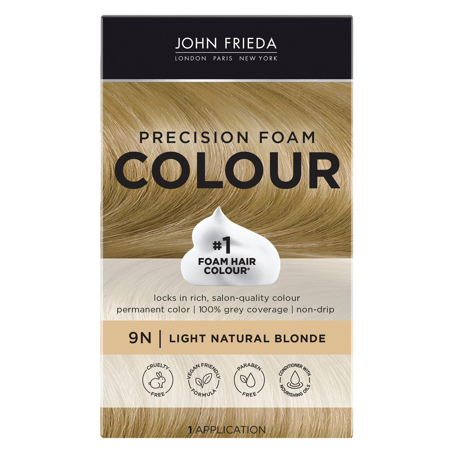 slide 1 of 9, John Frieda Blonde Permanent Precision Foam Hair Color, Blonde Hair Dye, 9N Light Natural Blonde Hair Color Kit, 1 Application, 1 ct