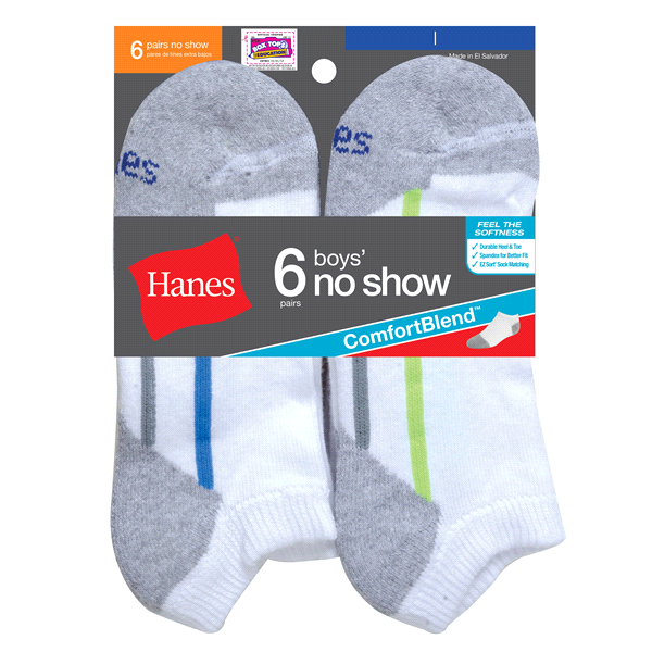 slide 1 of 1, Hanes Boy's No Show Socks - Medium, 6 ct