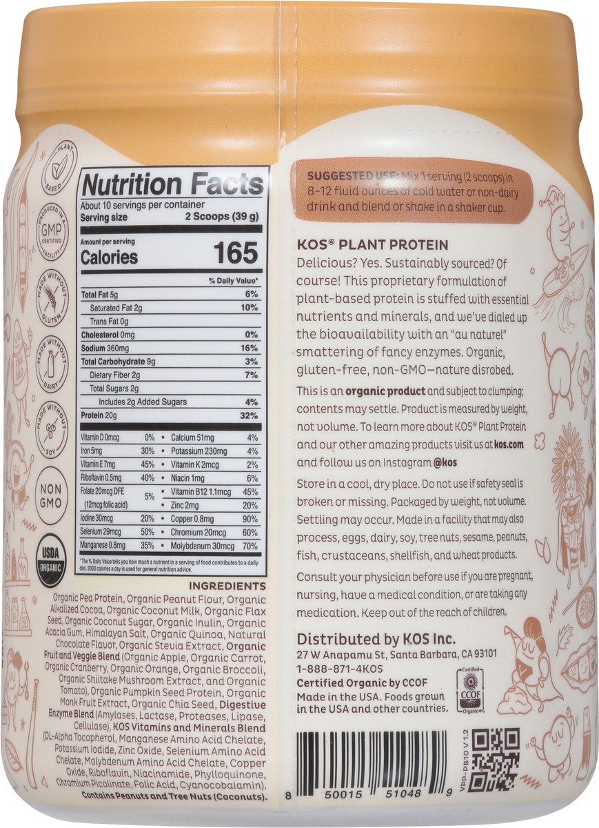 slide 7 of 11, KOS Organic Chocolate Peanut Butter Flavored Plant Protein 13.75 oz, 13.75 oz