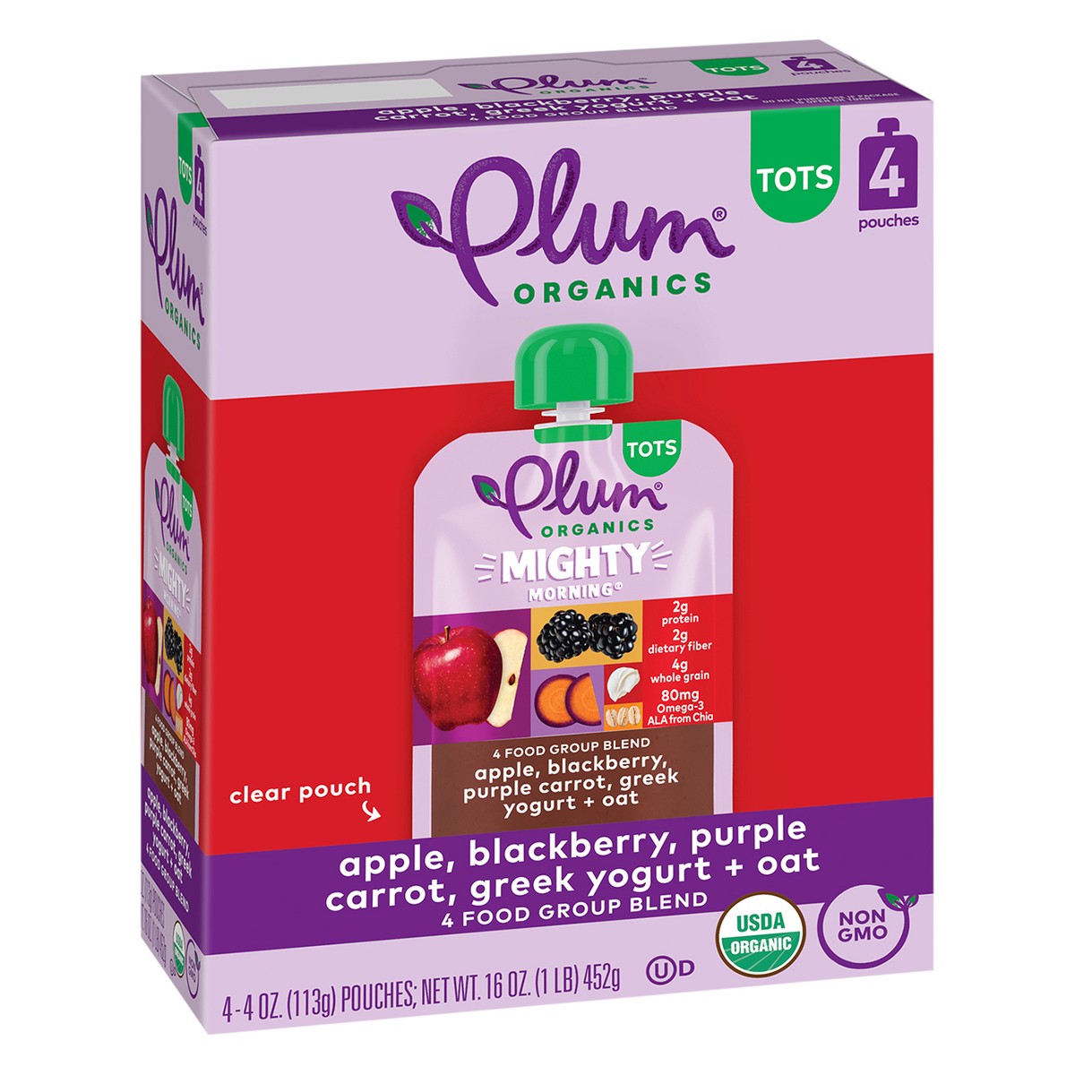 slide 2 of 9, Plum Organics Mighty Morning 4 Apple, Blackberry, Purple Carrot, Greek Yogurt + Oat 4oz Pouch-4-Pack, 4 ct