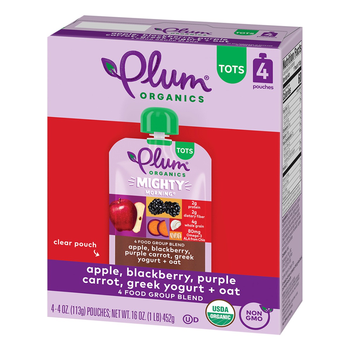 slide 3 of 9, Plum Organics Mighty Morning 4 Apple, Blackberry, Purple Carrot, Greek Yogurt + Oat 4oz Pouch-4-Pack, 4 ct