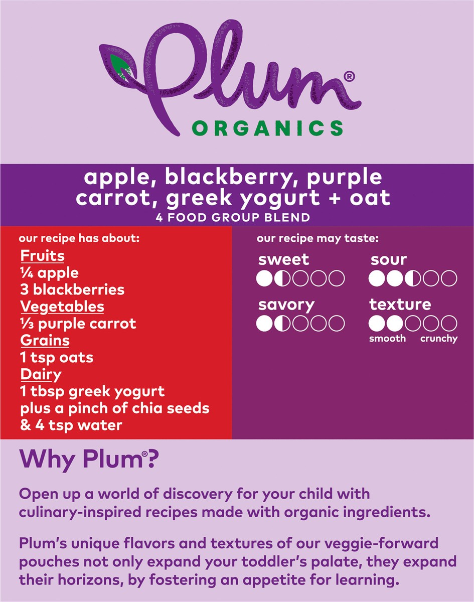 slide 5 of 9, Plum Organics Mighty Morning 4 Apple, Blackberry, Purple Carrot, Greek Yogurt + Oat 4oz Pouch-4-Pack, 4 ct