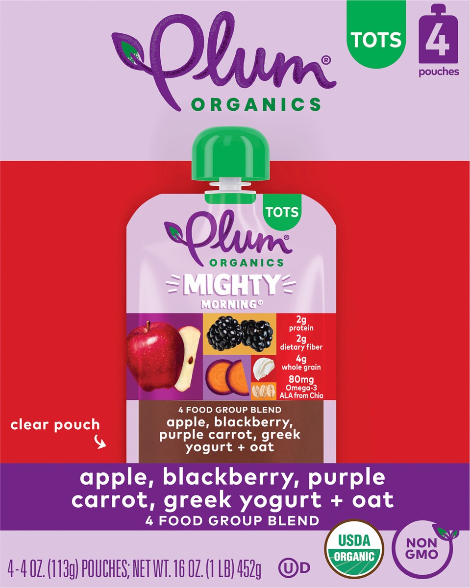 slide 6 of 9, Plum Organics Mighty Morning 4 Apple, Blackberry, Purple Carrot, Greek Yogurt + Oat 4oz Pouch-4-Pack, 4 ct