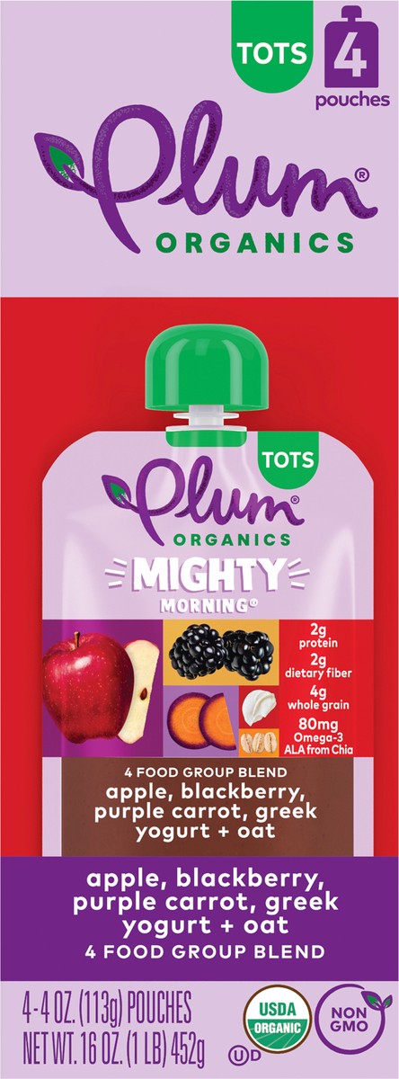 slide 7 of 9, Plum Organics Mighty Morning 4 Apple, Blackberry, Purple Carrot, Greek Yogurt + Oat 4oz Pouch-4-Pack, 4 ct