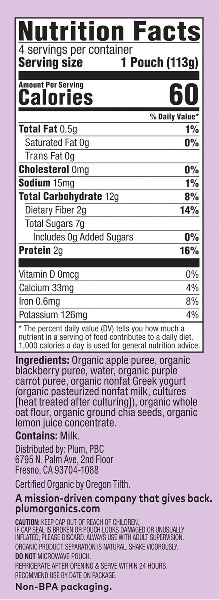 slide 8 of 9, Plum Organics Mighty Morning 4 Apple, Blackberry, Purple Carrot, Greek Yogurt + Oat 4oz Pouch-4-Pack, 4 ct